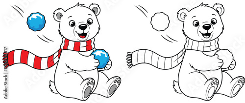 Cute Cartoon Polar Bear Cub Playing with Snowballs in a Scarf - Vector Illustration