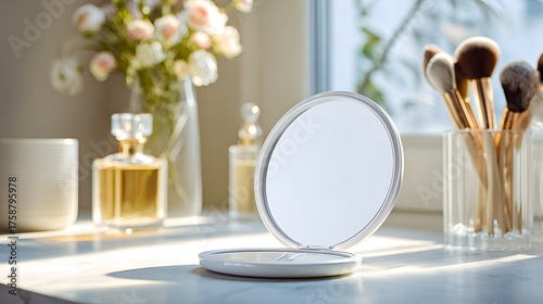 Makeup mirror and brushes on a vanity with flowers and perfume in soft sunlight