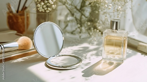 Elegant perfume bottle and compact mirror on a table with soft floral accents