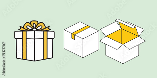Three simple line art illustrations of gift boxes one tied with a ribbon and two open and closed cardboard boxes