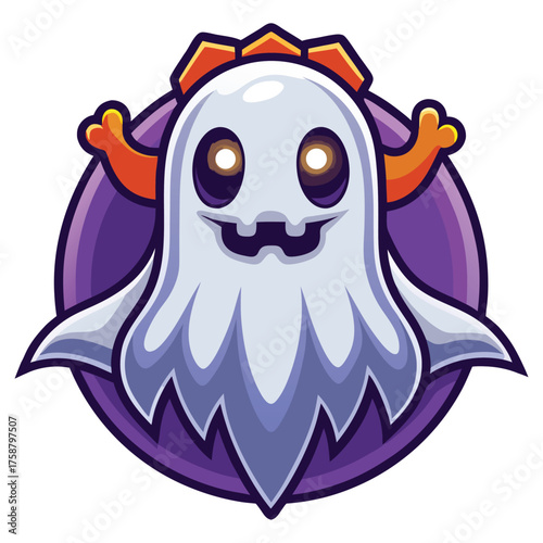 Cute cartoon ghost character with glowing eyes and orange accents on a purple background