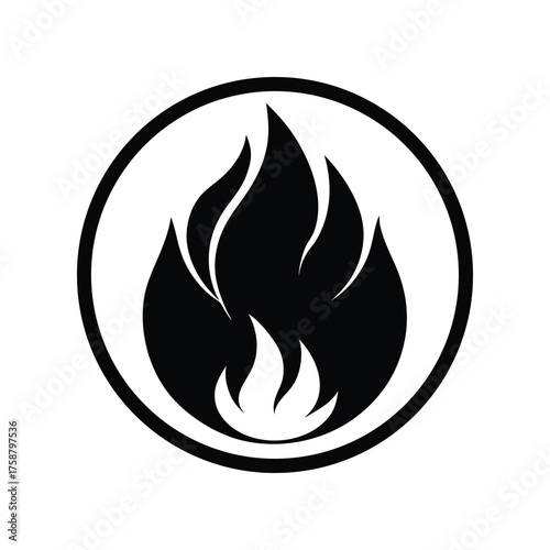 Stylized black flame symbol encircled, representing essential heat, potent energy, or a fundamental warning sign of combustion and warmth within a minimalist graphic design