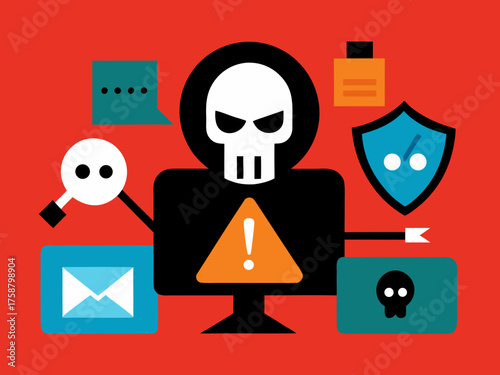 Computer system under attack by a hacker represented by a skull and warning sign