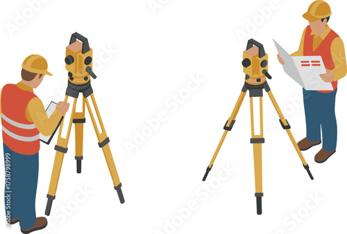 Civil engineers working with theodolite and blueprints, construction site planning and land surveying teamwork in architecture and engineering project