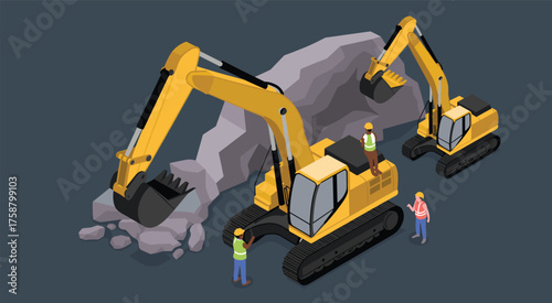Heavy construction excavators working inside rock mining tunnel, industrial machinery digging large stone quarry with workers in safety uniforms