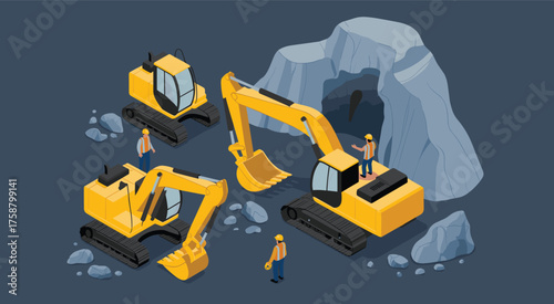 Heavy construction excavators working inside rock mining tunnel, industrial machinery digging large stone quarry with workers in safety uniforms