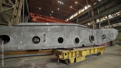 Heavy metal ship component moving on wheeled platform in factory. Stock clip