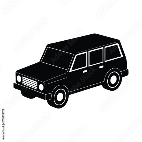 Simple black car icon depicted in an isometric view. A minimalist vector graphic representing transportation, utility, and modern family travel