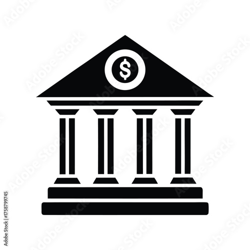 A solid black icon depicting a classical style bank with columns and a dollar sign, symbolizing currency, savings, investment, and financial stability