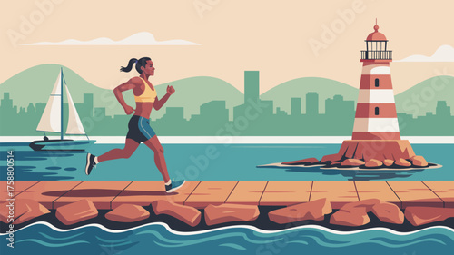 Woman running along the pier with a lighthouse and cityscape in the background on a sunny day scene