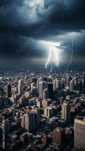 Urban skyline during electrical storm at night over city