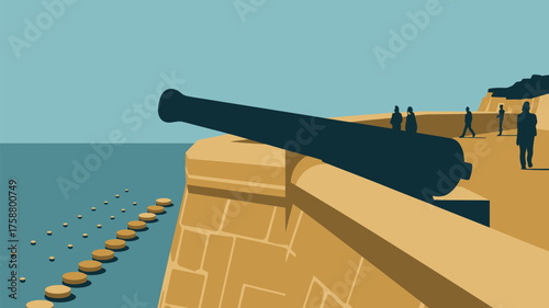 A cannon on a stone wall overlooking the sea with people walking along the wall in the distance