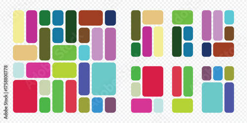 Set of trendy bento grid layout templates. Modular geometric shapes and abstract blocks for UI/UX design, social media posts, or website backgrounds.