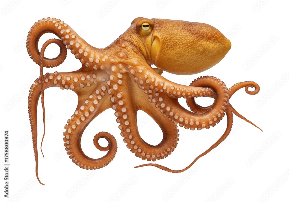 Fototapeta premium A realistic octopus displays its eight tentacles and sucker-covered arms.