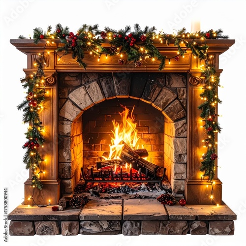 Glowing Fireplace with Stone Interior and Holiday Decorations on White Background