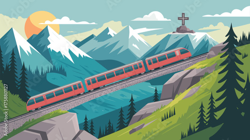 A train traveling through a mountainous landscape with a cross at the peak of the mountain top