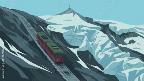 A train ascends a snowy mountain on a railway track towards a peak topped with a cross in the distance