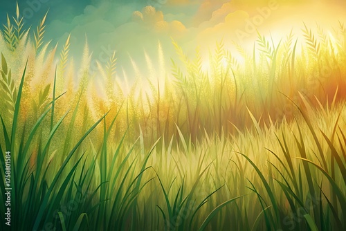 Golden sunlight illuminates tall grasses in a dreamy meadow