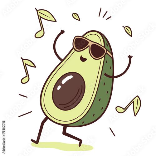 Cute Avocado Dancing with Sunglasses Flat Minimal Vector Illustration