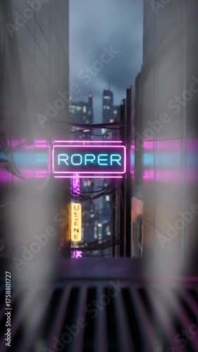 Futuristic city alley illuminated by neon signs at night, urban scene