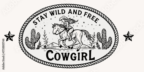 Cowgirl riding horse with cactus and mountains saying stay wild and free