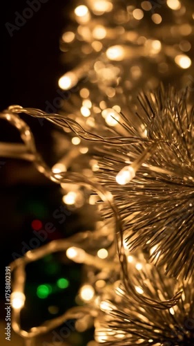 Festive holiday lights and ornaments shine with warm glow.