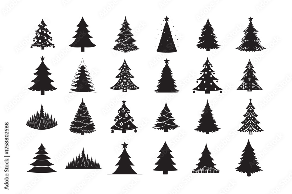 Obraz premium 24 Christmas Tree Silhouette Vector Bundle. Holiday Black Clipart.