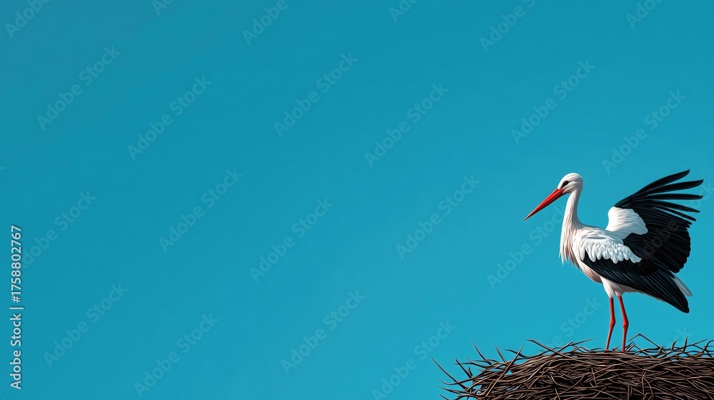 Fototapeta premium Stork Illustration on a Nest Against Clear Blue Sky, Ideal for Wallpaper, Poster and Nature-Themed Decorative Art Projects with Fresh Atmosphere