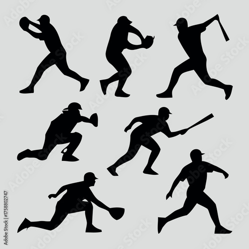 Collection of baseball player silhouettes in action poses