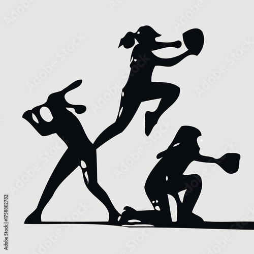 Silhouette of three female softball players in action on a light background