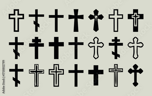 Collection of various christian cross symbols in black and white