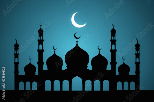 Serene mosque silhouette under a glowing crescent moon, casting a peaceful Ramadan night sky, perfect for spiritual reflection and cultural celebrations