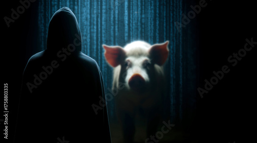 Hooded figure silhouette faces digital pig on glowing screen, mysterious atmosphere, dark background, cyber Pig butchering scam concept