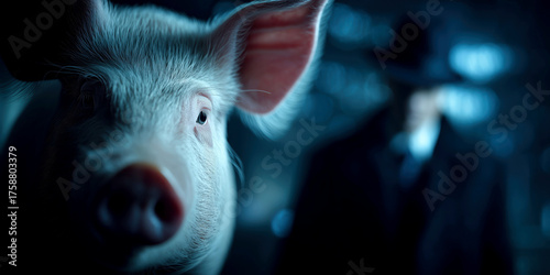 Pig in dark shadow atmosphere with mysterious man behind, Pig butchering scam concept