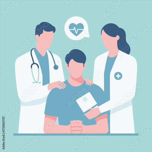 Medical professionals supporting a patient with a heart health illustration
