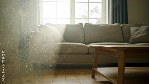 Sunlit interior scene with dust particles floating in the air