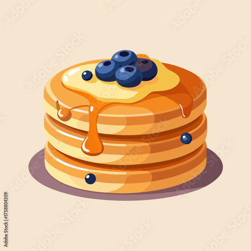 A stack of pancakes with honey and blueberries