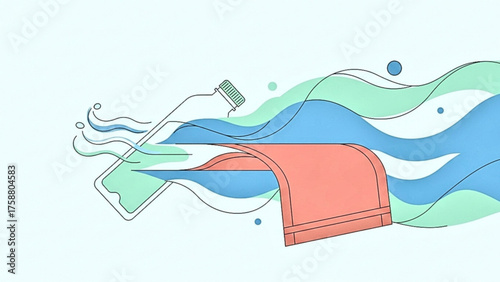 Sports drink next to towel,  Minimalist illustration of a water bottle and towel with flowing lines in green and blue tones
