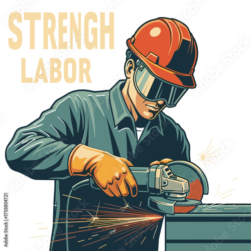 Industrial Worker Grinding Metal with Safety Gear and Bright Sparks Vector IllustrationIndustrial Worker Grinding Metal with Safety Gear and Bright Sparks Vector Illustration