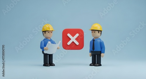 3D illustration Two engineers with blueprints facing a red 'X', symbolizing project rejection, business problem, or cancellation