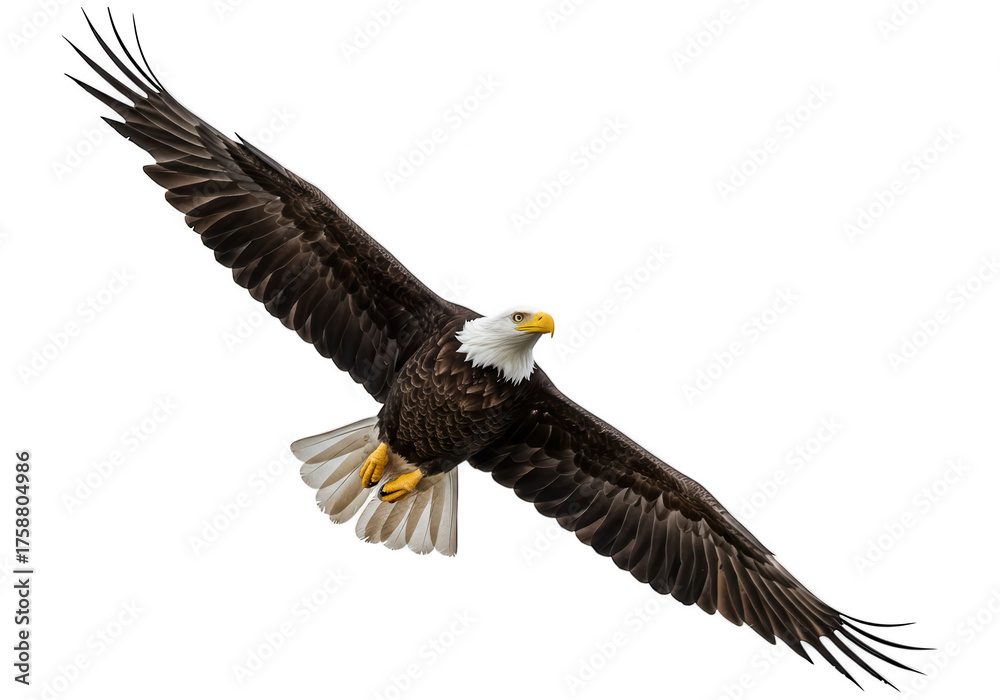 Fototapeta premium Majestic raptor soars with widespread wings against black.