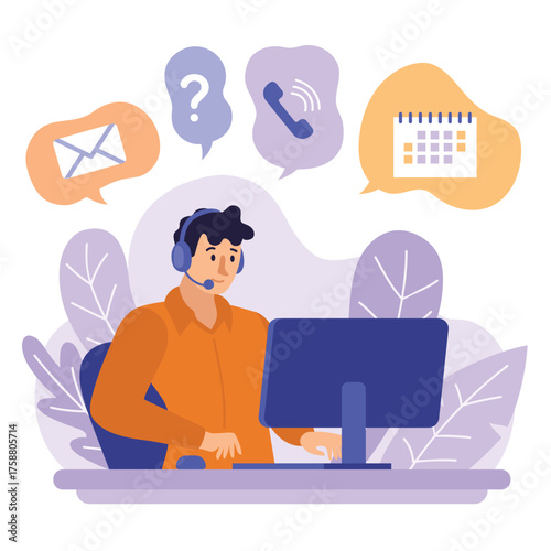 Modern man character providing customer support and assistance