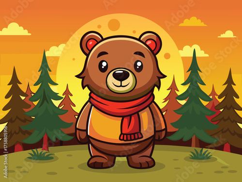 Stylized Cartoon Bear With Scarf In A Forest Setting Against A Sunset Sky