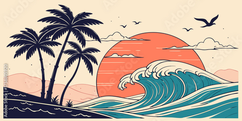 Retro Sunset with Palm Trees and Ocean Waves | Vintage Tropical Vector Illustration