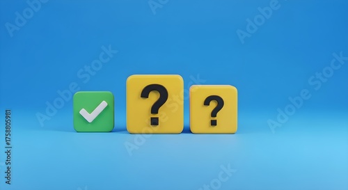 Decision-Making Process Green Checkmark and Yellow Question Mark Cubes Symbolizing Choices, Answers, and Uncertainty in a Minimalist 3D Render