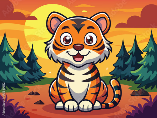 Cute Cartoon Tiger Cub Sits Happily During An Orange Sunset In The Forest