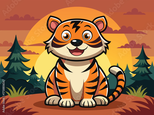 A Cute Tiger Cub Sits Happily In A Forest Landscape Stylized Cartoon Style