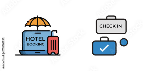 Hotel Booking and Check-In Icon. Vector Illustration on White Background