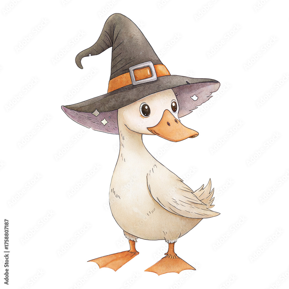 Fototapeta premium Cute watercolor wizard duck in witch hat illustration