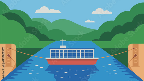 A cartoon illustration of a ship passing through a canal with green hills and a blue sky above it
